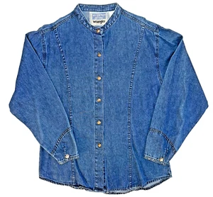 VINTAGE Wrangler Shirt Womens Medium Blue Denim Button Up Band Collar Western - Picture 1 of 6