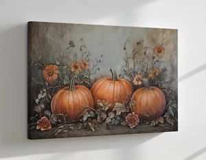 Orange Kürbisse Vintage Halloween Gemälde Leinwandbild Wandbehang Kunst - Bild 1 von 9