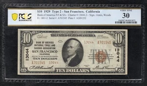 1929 $10 TYII BANK OF AMERICA SAN FRANCISCO, CA CH. #13044 PCGS BANKNOTE VF-30 - Picture 1 of 2