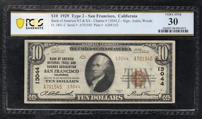 1929 $10 TYII BANK OF AMERICA SAN FRANCISCO, CA CH. #13044 PCGS BANKNOTE VF-30 - Image 1 of 2