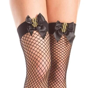 Gold Dollar Sign Thigh Highs Black Fishnet Satin Bow Costume Stockings 412 - Picture 1 of 3