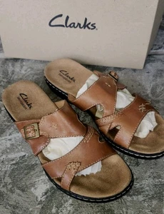 Clarks Women’s Leisa Lacole Sandal Brown Leather Slide Adjustable Strap Size 9 M - Picture 1 of 8