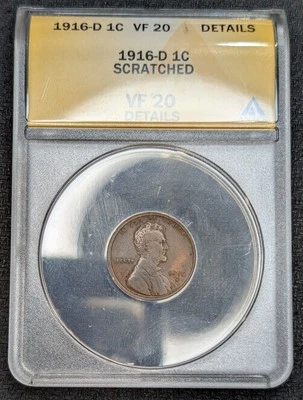 1916 D Lincoln Cent Wheat Penny Denver Mint Scratched Details VF20 ANACS - Image 1 of 2