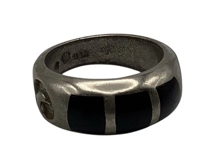 Anillo de plata de ley 925 con 3 rayas negro/ónix Jet Dome talla 7,5 vintage Foto 1 de 4