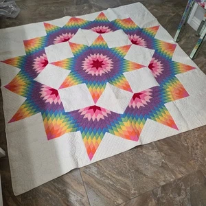 Vibrant Vintage Rainbow Star Quilt Handmade Cozy Bedspread Throw Blanket Decor - Picture 1 of 8