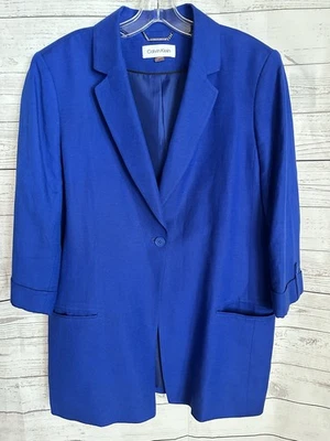 Calvin Klein 女式亚麻混纺蓝色西装外套 16 码单扣闭合 3/4 袖 — 第 1/4 张图片