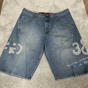 Marithe Francois Girbaud Shorts Mens 38 Blue Denim Embroidered Patch Jorts Baggy - Picture 1 of 12