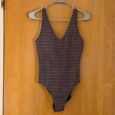Athleta One Piece V-Neck Swimsuit Size S Seersucker Rainbow Plaid Preppy Resort - Image 1 of 4