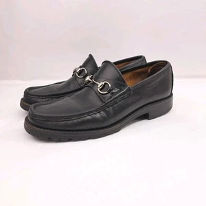 Gucci Black Leather Lug Sole Silver Horsebit Loafers Mens 10 D See Shoe Chart - Picture 1 of 24