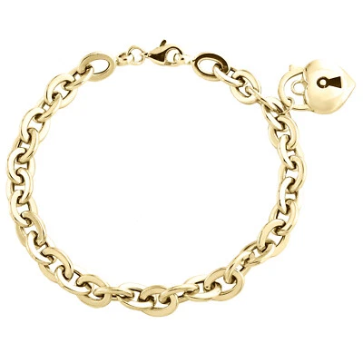 14K Yellow Gold Love Heart Key Charm Toggle Link 7mm Fancy Statement Bracelet 8" - Image 1 of 4