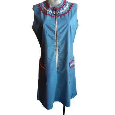 1Of1 Women's M/L Vintage 1960s Blue House Dress Ric Rac Trim Ring Zipper Pockets - Image 1 of 4