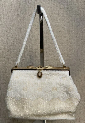 Bolso de mano vintage con cuentas de vidrio marfil relleno dorado cierre de estrás Foto 1 de 4