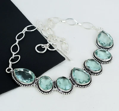 Elegante Acquamarina Gemma 925 Argento Sterling Mano Collana Per Love Regali - Immagine 1 di 4