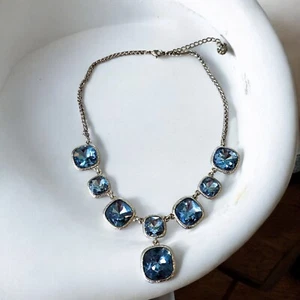 Monet Necklace Blue Large Rhinestones Faceted Silver Tone Y-Drop Statement 18" - Picture 1 of 10