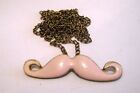 Lovely fun gold tone metal chain necklace with pink Moustache pendant 70 cm long