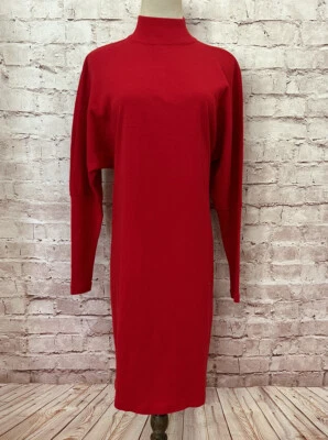 VINTAGE Liz Claiborne Dress MEDIUM Red Shift Sweater Dolman Sleeve Mock Wool 80s - Image 1 of 4