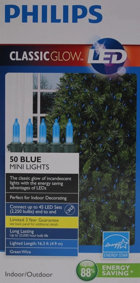 Philips Classic Glow LED 50 azul mini bombillas iluminadas longitud 16,3 pies nuevo en caja Foto 1 de 1