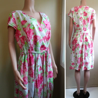 Розовое хлопковое платье с цветочным узором Isaac Mizrahi 18 XL 1X плюс галстук на талии ретро 50-е - Изображение 1 из 4