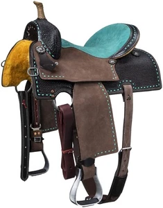 17" Western Saddle - Dark Oil - Roughout - Turquoise Suede Seat - Buckstitching - Picture 1 of 4