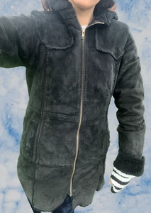 C&A Mujer Chaqueta Negra Gamuza Longitud Media con Sudadera Unisex L-14 y2k Años 70 80 - Imagen 1 de 15