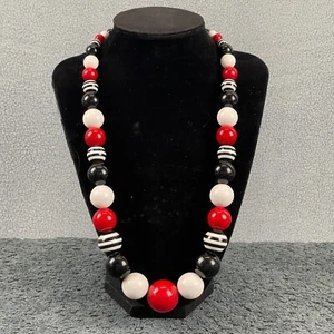Retro Black Red White Chunky Beaded Necklace 1980's Statement 22 Inch - Picture 1 of 7