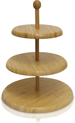 Decorative 3-Tier Circular Bamboo Serving Tray with Wooden Handle - Cupcake Sta - Image 1 of 4
