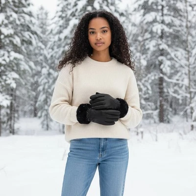 New Ladies Genuine Super Soft Leather Faux Fur Trim Gloves Fully Lined Winter - Image 1 of 4