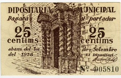 ☆ SPAIN CIVIL WAR 1937 • CALDES MONTBUI 25c MUNIC ☆ GUERRA CIVIL ESPAÑOLA ☆D1477 - Image 1 of 2