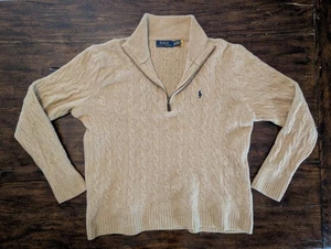 Polo Ralph Lauren Men Sweater XXL Wool/Cashmere Cable Knit Quarter Zip Camel Tan - Picture 1 of 12