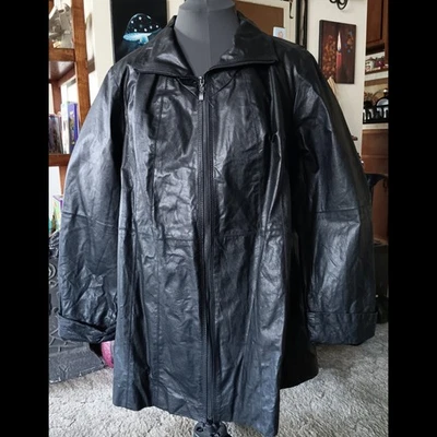 🖤 Chaqueta de cuero vintage de longitud media de Roaman para mujer 24W negra cremallera de trinchera Foto 1 de 4