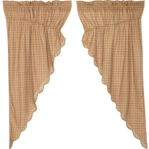 Drawstring Prairie Curtains Khaki Tan & Blue Plaid Cotton Lodge Style Millsboro - Picture 1 of 3