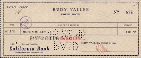 RUDY VALLEE - CHECK SIGNED 05/07/1946 CO-SIGNED BY: MARVIN MILLER Cover