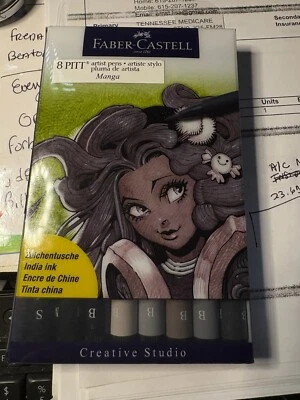 Faber-Castell 8 Pitt Manga Black India Ink Artist Pens Markers - Image 1 of 2