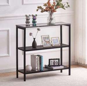 1x Console Table 3-Tier Shelving Unit Storage Rack Faux Marble Glossy Grey - Picture 1 of 8
