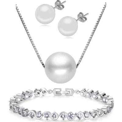 PERLEN SCHMUCKSET 925 STERLING SILBER HALSKETTE PERLE OHRSTECKER ARMBAND KETTE - Bild 1 von 4