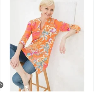 Chico’s Coral Cotton Slub V-Neck Sea Life Tunic Sharkbite Hem Shells Reef Sz XL - Picture 1 of 6
