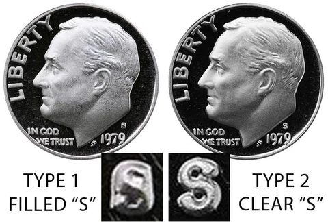 1979 P D S Roosevelt Dime In Mint Cello + TYPE 1  PROOF (3 COINS) Cover