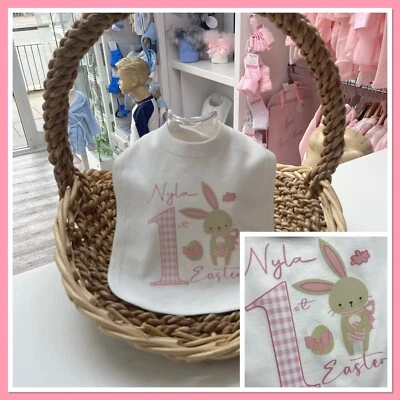 Personalised Baby Girls my first Easter Bib Vest Grow Pyjamas Easter bunny Cute - Image 1 of 4