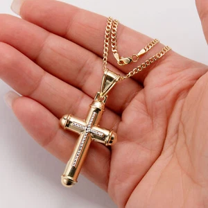 14K Gold 2 1/4" Reversible Tube Cross Pendant Necklace Yellow White gold - Picture 1 of 6