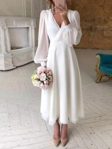 Ivory Wedding Dress sz 10 Tea Length Chiffon with sheer long sleeves - Picture 1 of 1