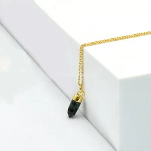 Natural Emerald Pencil Point Gemstone Necklace Sterling Silver Chain Pendant - Picture 1 of 6