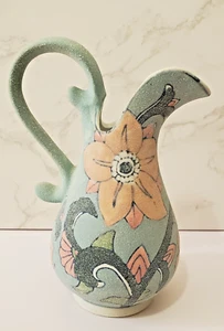 Vintage Floral Pitcher Sandy Texture Sea Green w Pink Flowers 8" Hand Painted - Picture 1 of 9