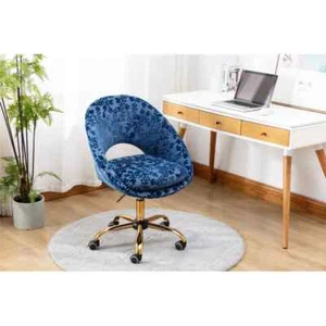 Navy Royal Blue Gold Velvet Floral Embroidered Office Accent Wheel Chair - Picture 1 of 7