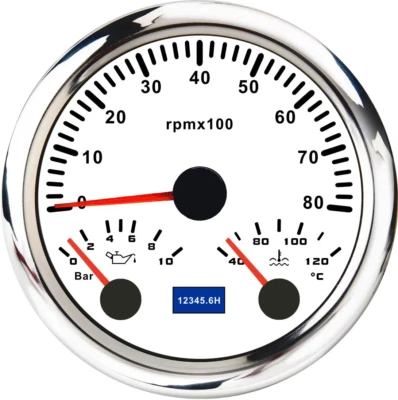 85mm White 3 IN 1 Tachometer 0-8000RPM with Water Temp Oil Pressure Gauge  - Image 1 of 4