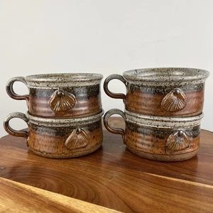4 Hand-Thrown Pottery Soup Bowls Drip Glaze Embossed Seashell Stamped 12 oz - Picture 1 of 15