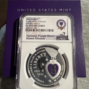 2022 W PROOF SILVER COLORIZED PURPLE HEART DOLLAR NGC PF70 FIRST DAY OF ISSUE - Picture 1 of 12