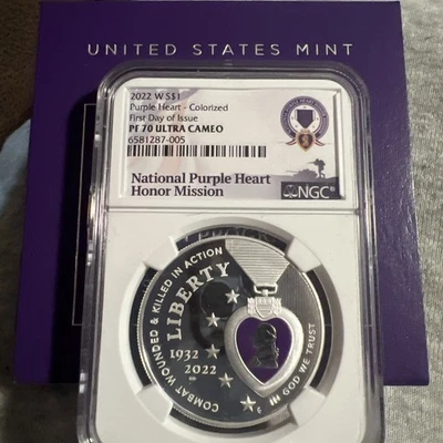 2022 W PROOF SILVER COLORIZED PURPLE HEART DOLLAR NGC PF70 FIRST DAY OF ISSUE - Image 1 of 4