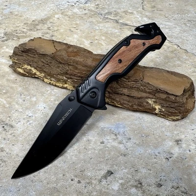 8.5" Light Wood SPRING ASSISTED Flip Open Folding Pocket Knife W/ Clip Belt Cut - Image 1 of 4