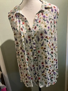 Café Marrahesh ärmellose fließende Bluse weiß Blumen V-Ausschnitt schmeichelhafte Falten FAB - Bild 1 von 14