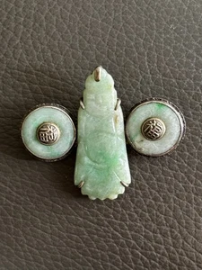 Antike Brosche Silber und Apfelgrüne Jade Anhänger geschnitzte Figur und Kreise - Bild 1 von 8